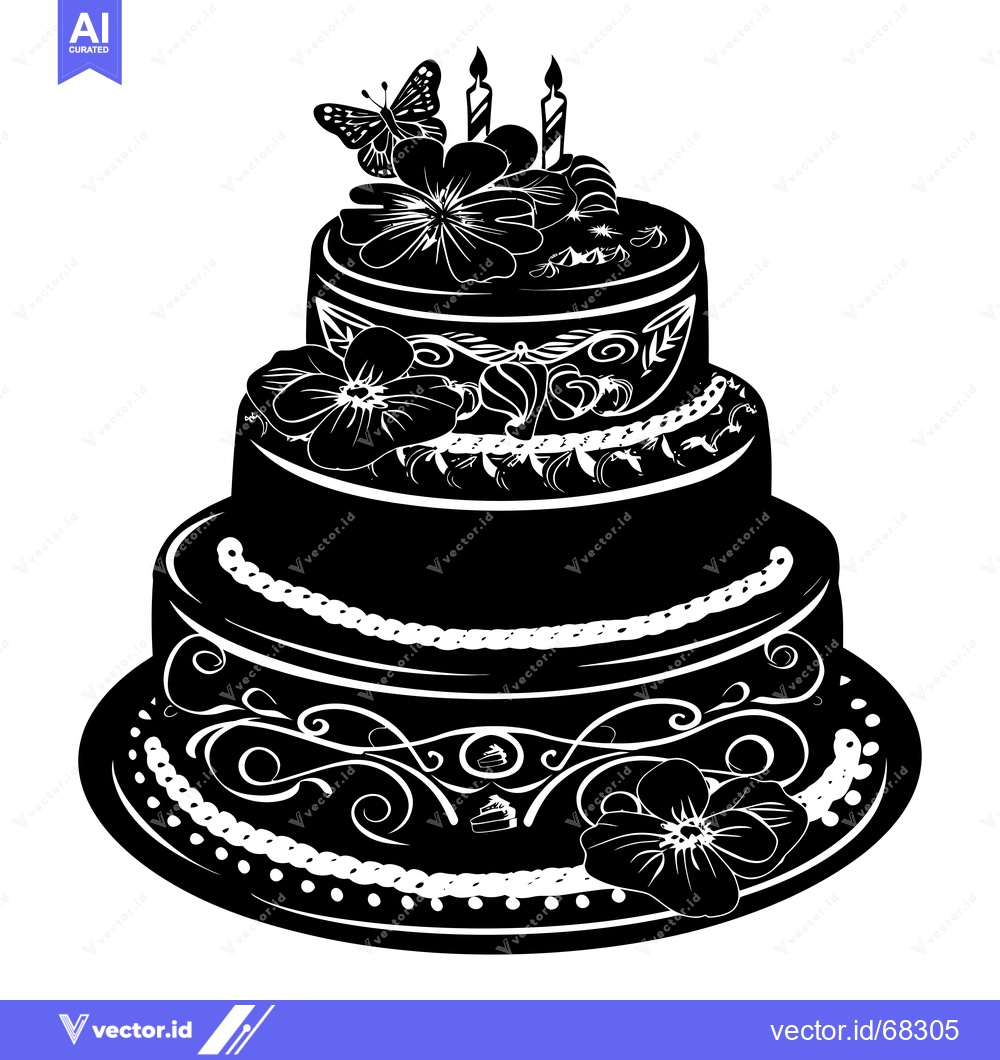 Premium Vector of A Three-Tiered Birthday Cake with Flowers, Candles, and a Butterfly