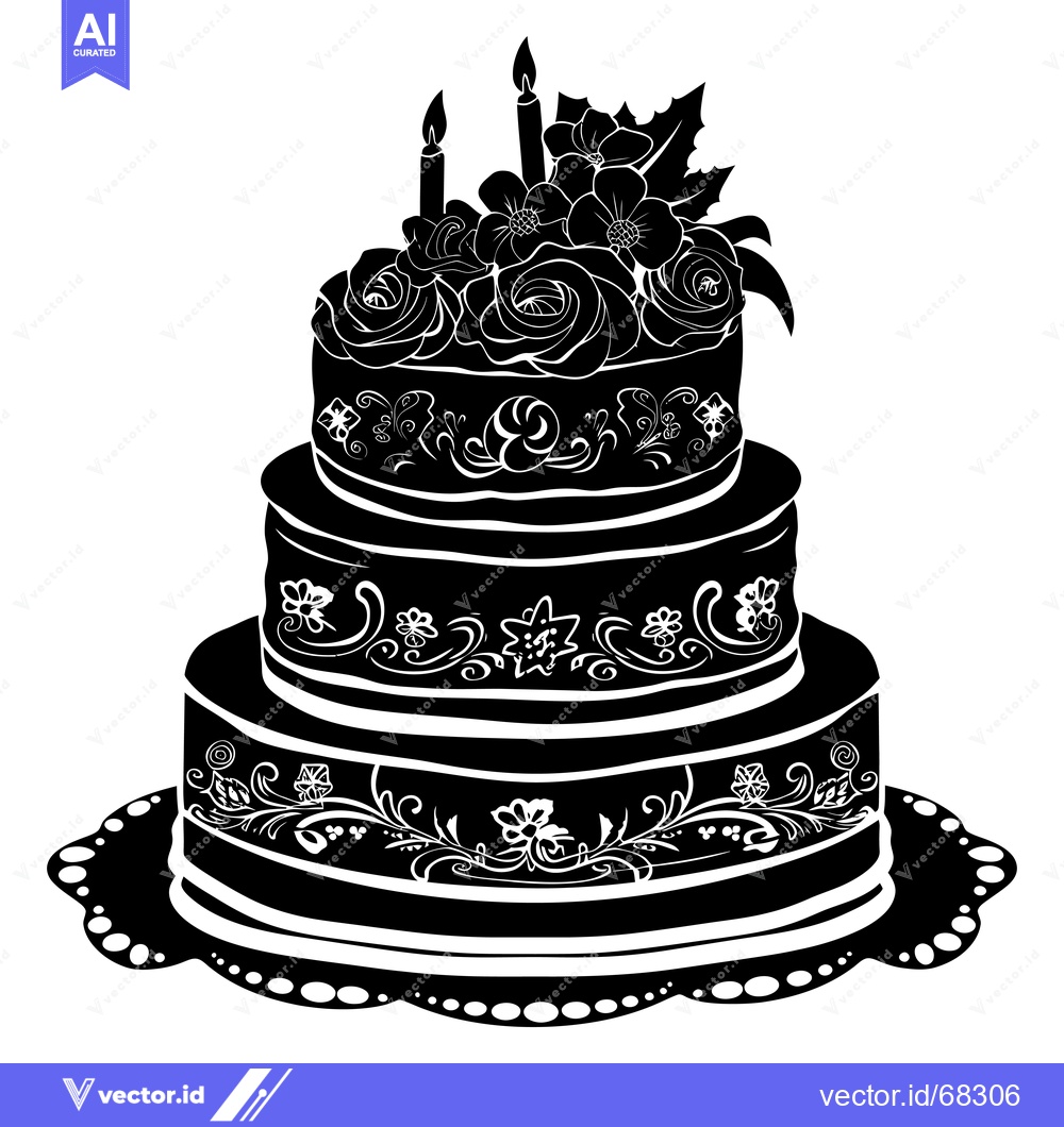 Premium Vector of A Silhouette of a Three-Tiered Wedding Cake with Flowers and Candles