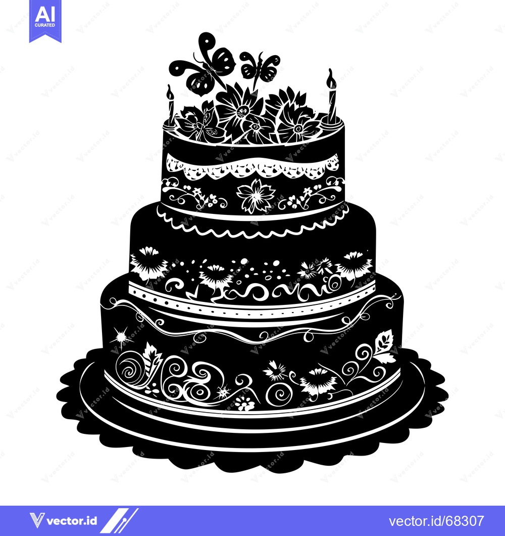 Premium Vector dari Three-Tiered Cake with Floral Decorations and Butterflies