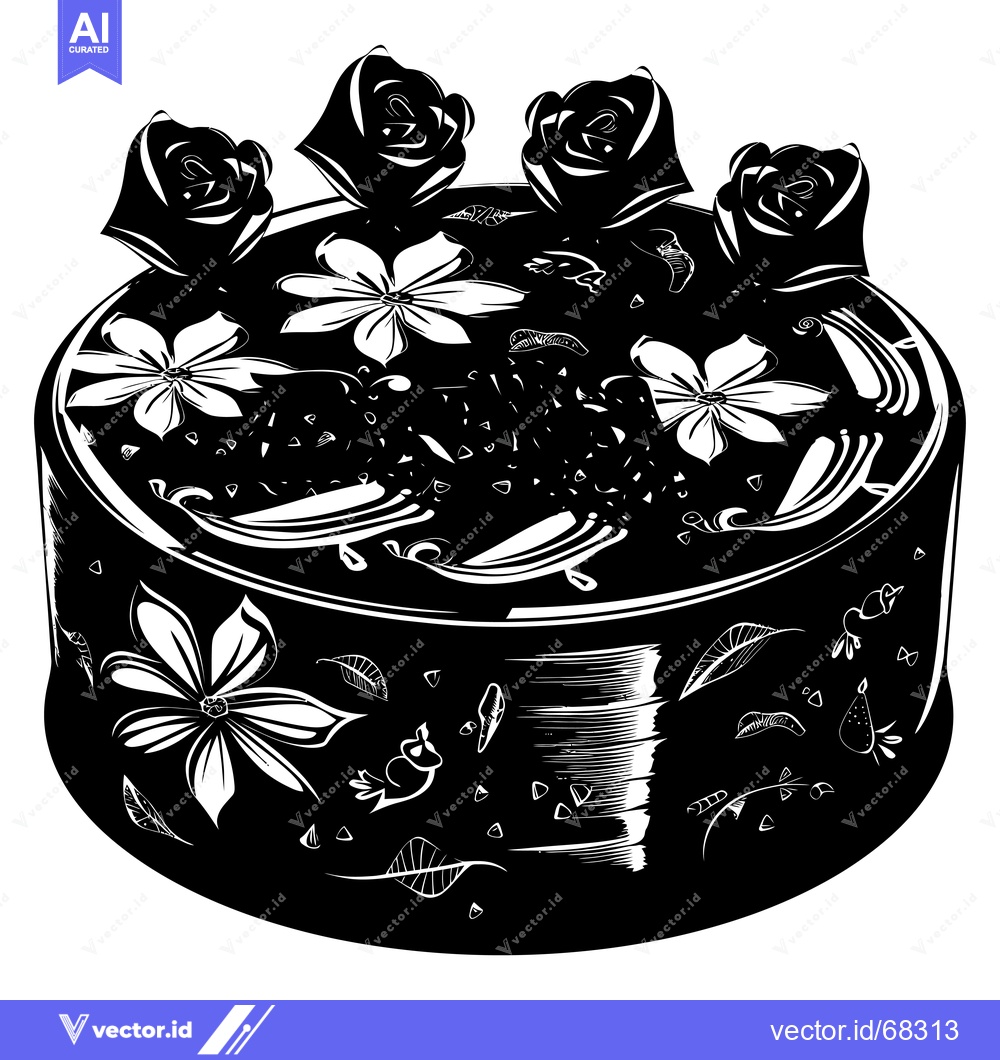 Premium Vector of Black and White Illustration of a Cake Decorated with Flowers and Rose