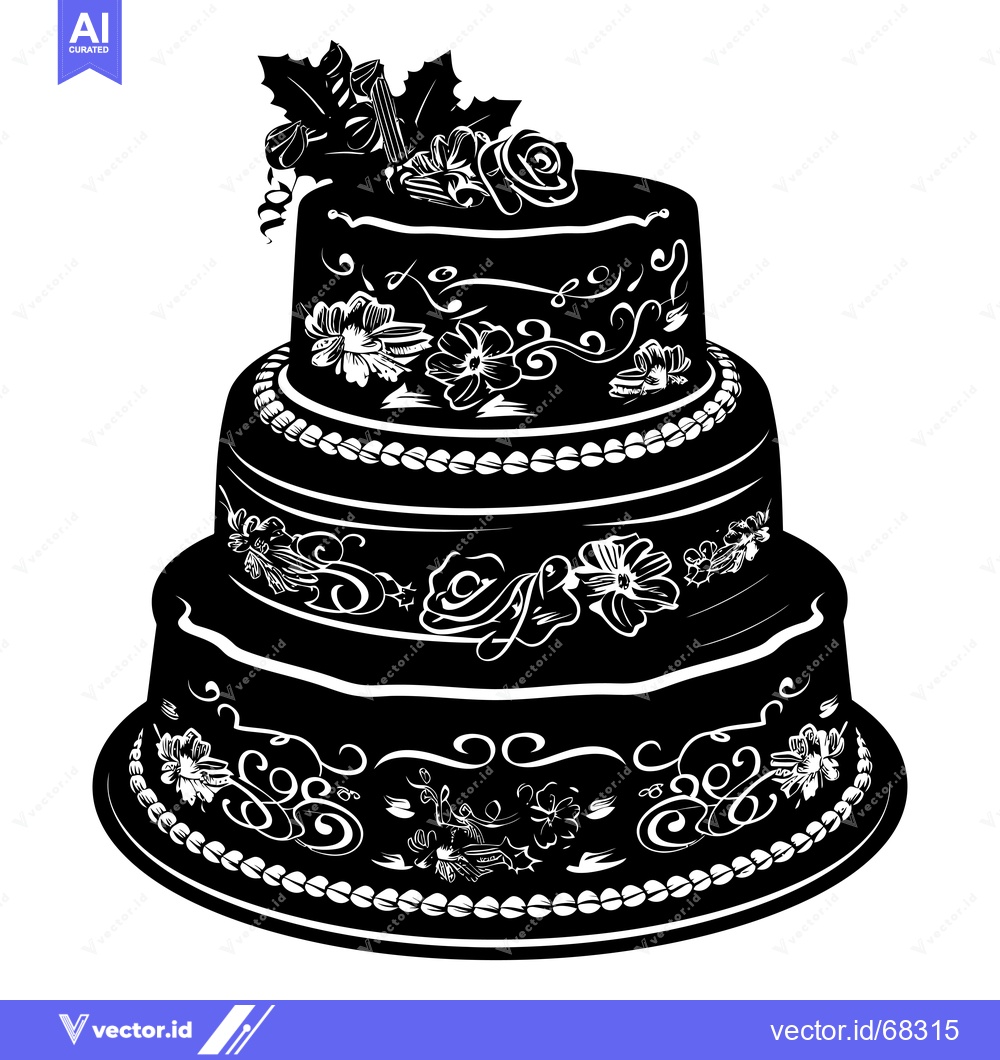 Premium Vector dari Three-Tiered Wedding Cake Decorated with Black and White Floral Motifs