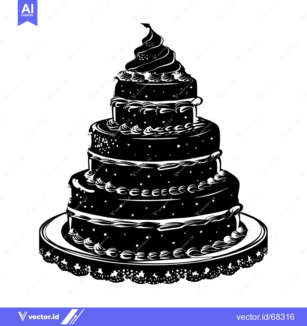 Premium Vector of Black and White Silhouette of a Four-Tiered Cake with Swirls and Stars