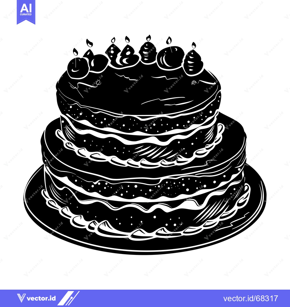 Premium Vector of Black and White Silhouette of a Two-Tier Birthday Cake with Candles an