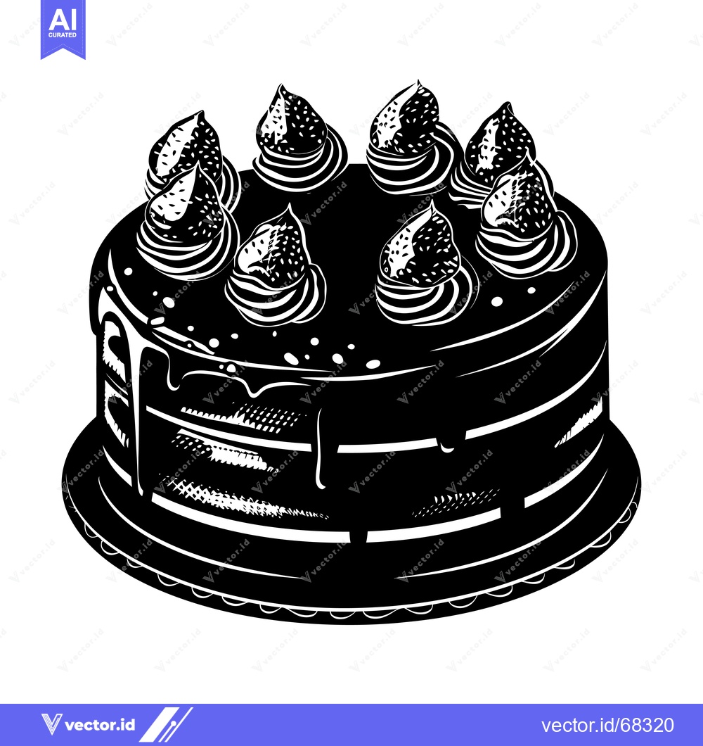 Premium Vector of Black and White Illustration of a Round Chocolate Cake with Cream Topp