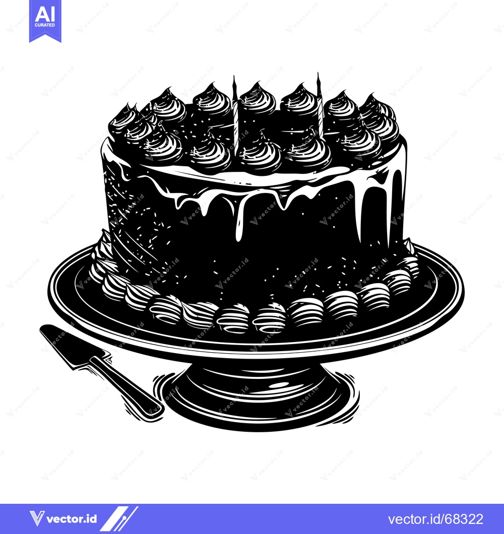 Premium Vector of Black and White Illustration of a Birthday Cake with Candles and a Ser
