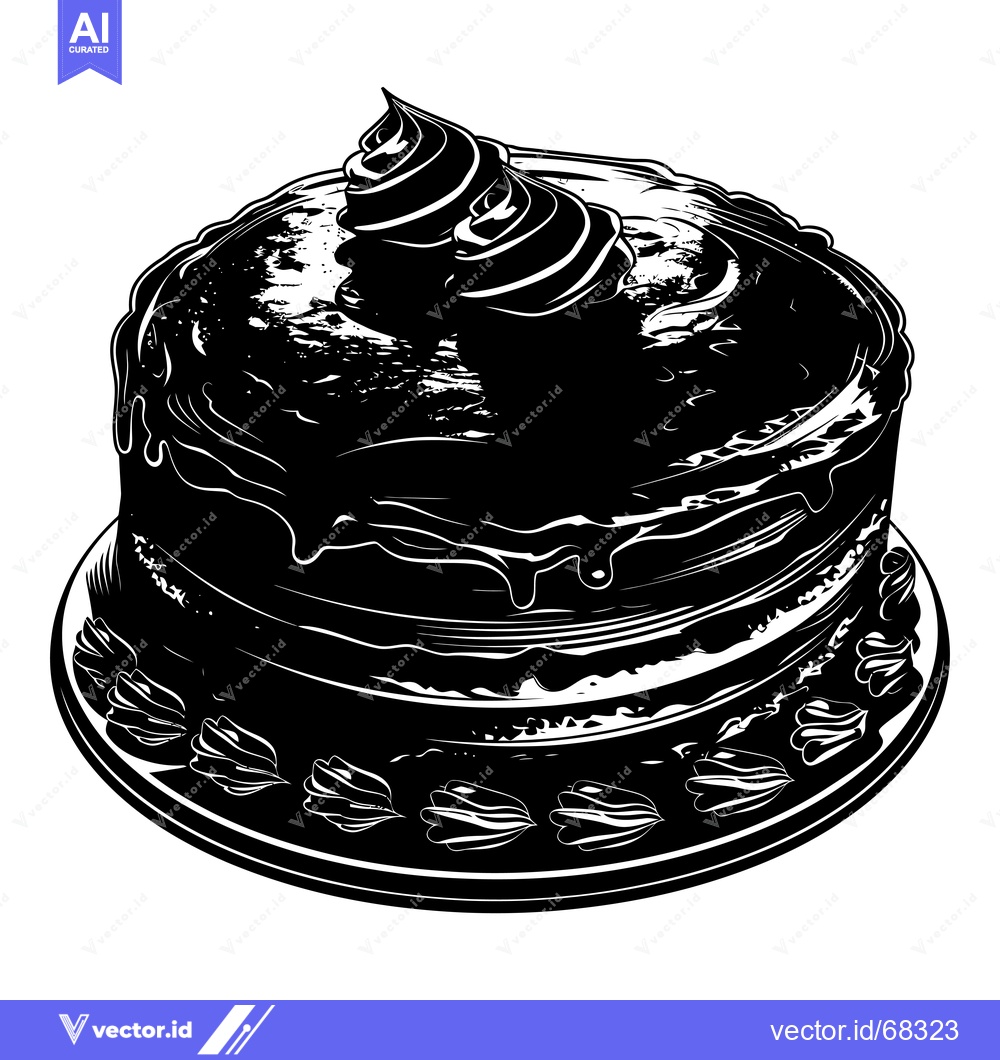 Premium Vector dari Black and White Silhouette of a Round Layered Cake with Icing and a Sw