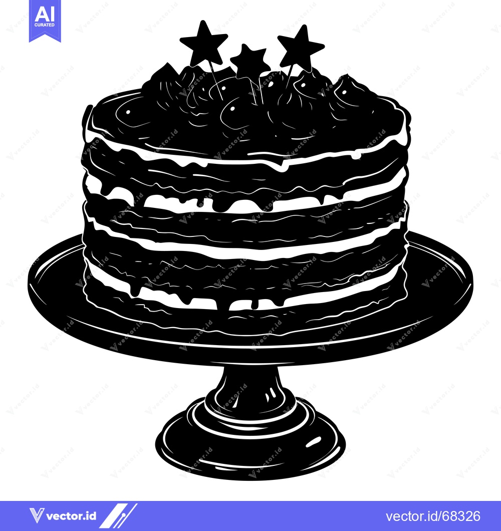 Premium Vector dari A Black and White Silhouette of a Layered Cake on a Pedestal with Star