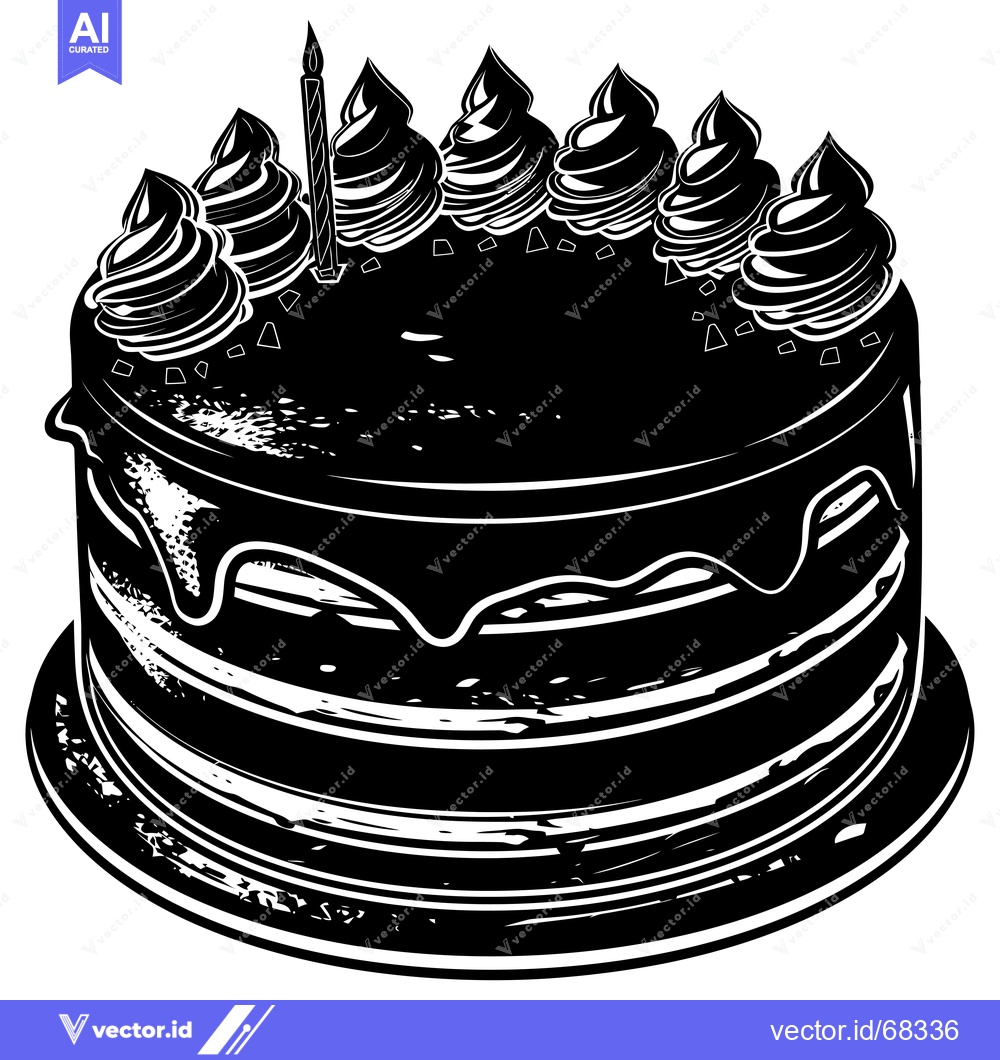 Premium Vector dari Black and White Illustration of a Birthday Cake with a Single Candle