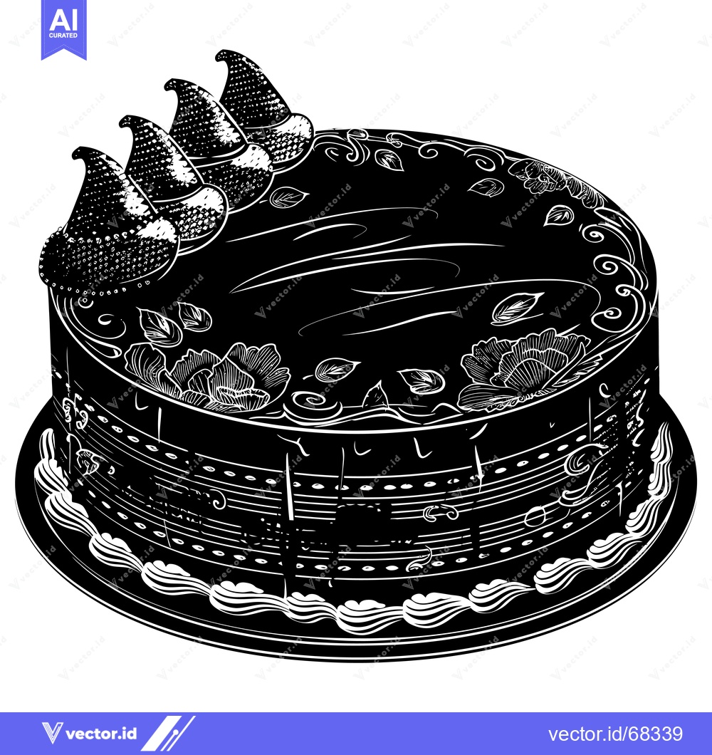 Premium Vector of Black and White Illustration of a Decorated Cake with Topping