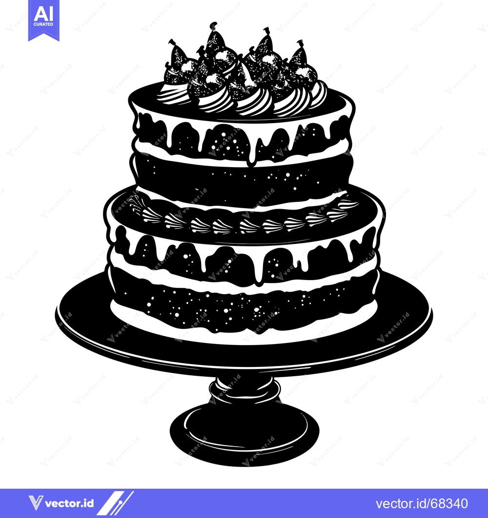 Premium Vector dari A Black and White Illustration of a Three-Tiered Cake Decorated with F