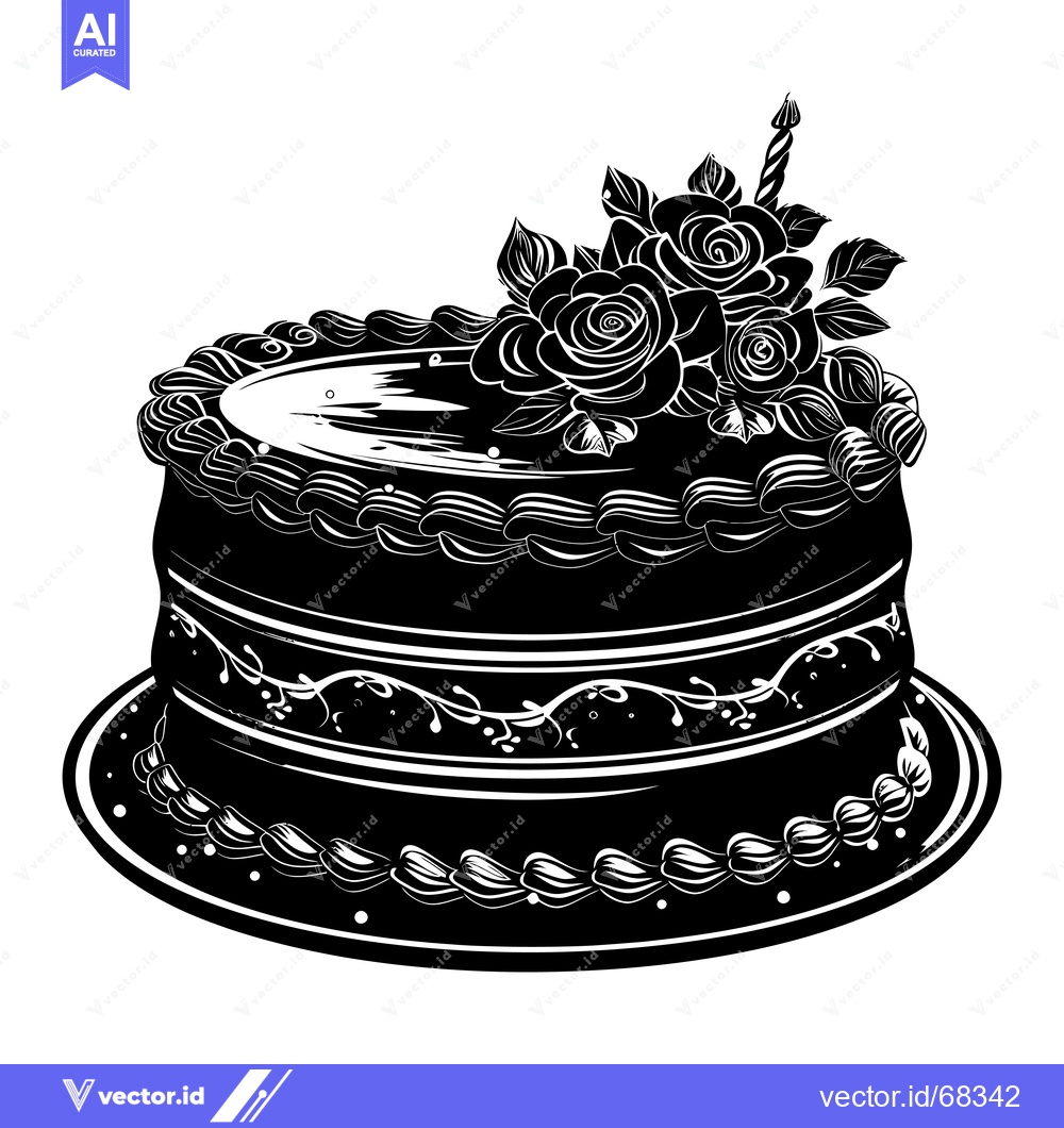 Premium Vector of Black and White Silhouette of a Birthday Cake with Roses