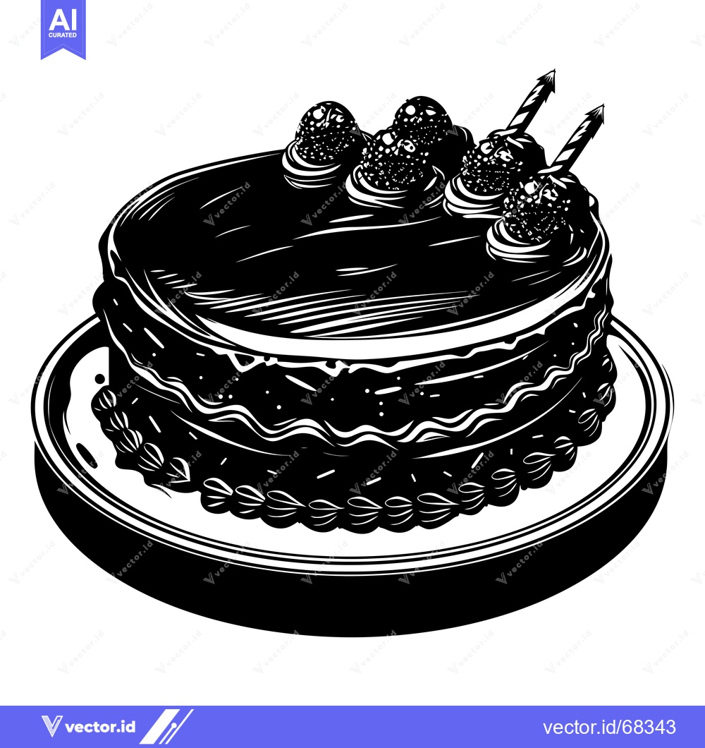 Premium Vector dari Black and White Illustration of a Birthday Cake with Candles and Berri