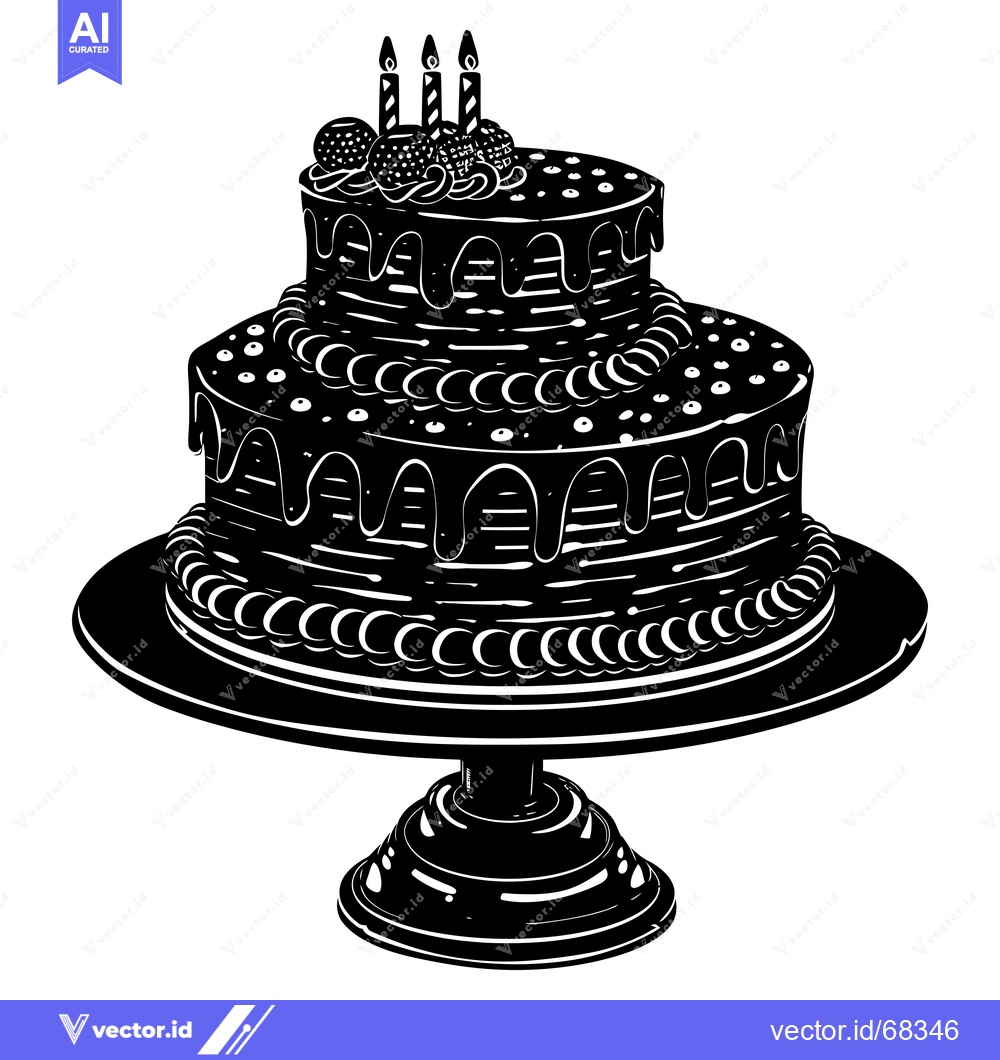 Premium Vector of Two-tiered cake with candles, frosting, and berries on a stand