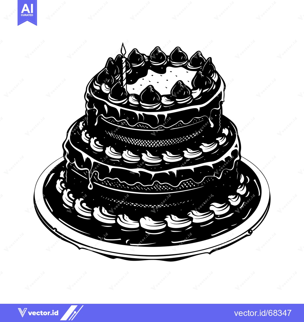 Premium Vector of Black and White Illustration of a Three-Tiered Birthday Cake with Cand
