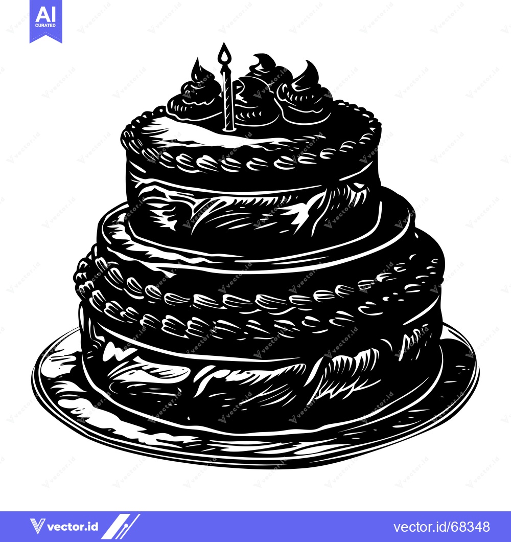 Premium Vector of Black and White Illustration of a Two-Tiered Birthday Cake with Candle