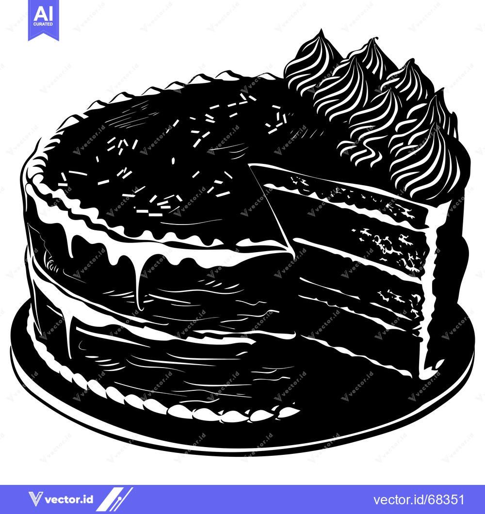 Premium Vector dari Black and White Illustration of a Sliced Chocolate Cake with Frosting