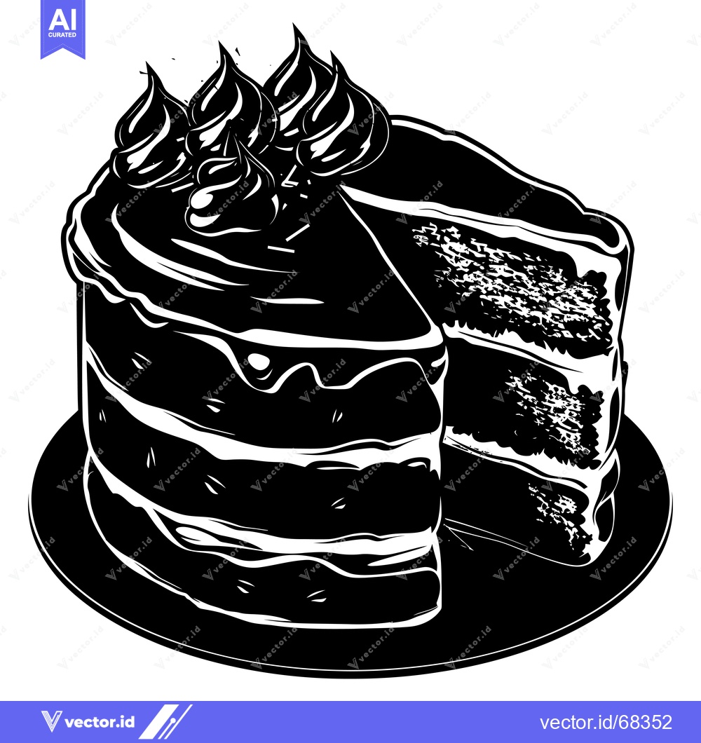 Premium Vector dari A Black and White Illustration of a Sliced Cake with Icing