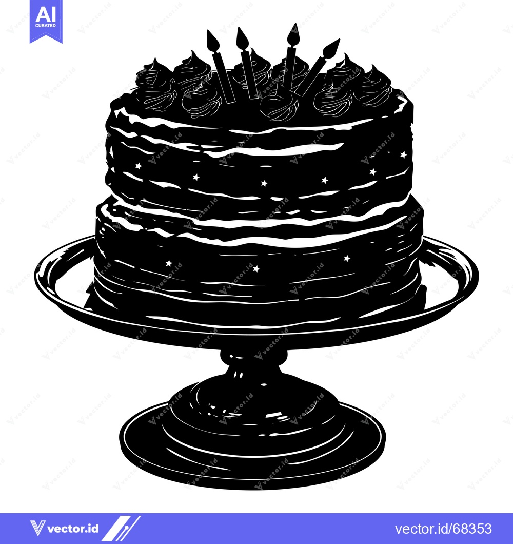 Premium Vector dari Black and White Silhouette of a Birthday Cake with Candles on a Stand