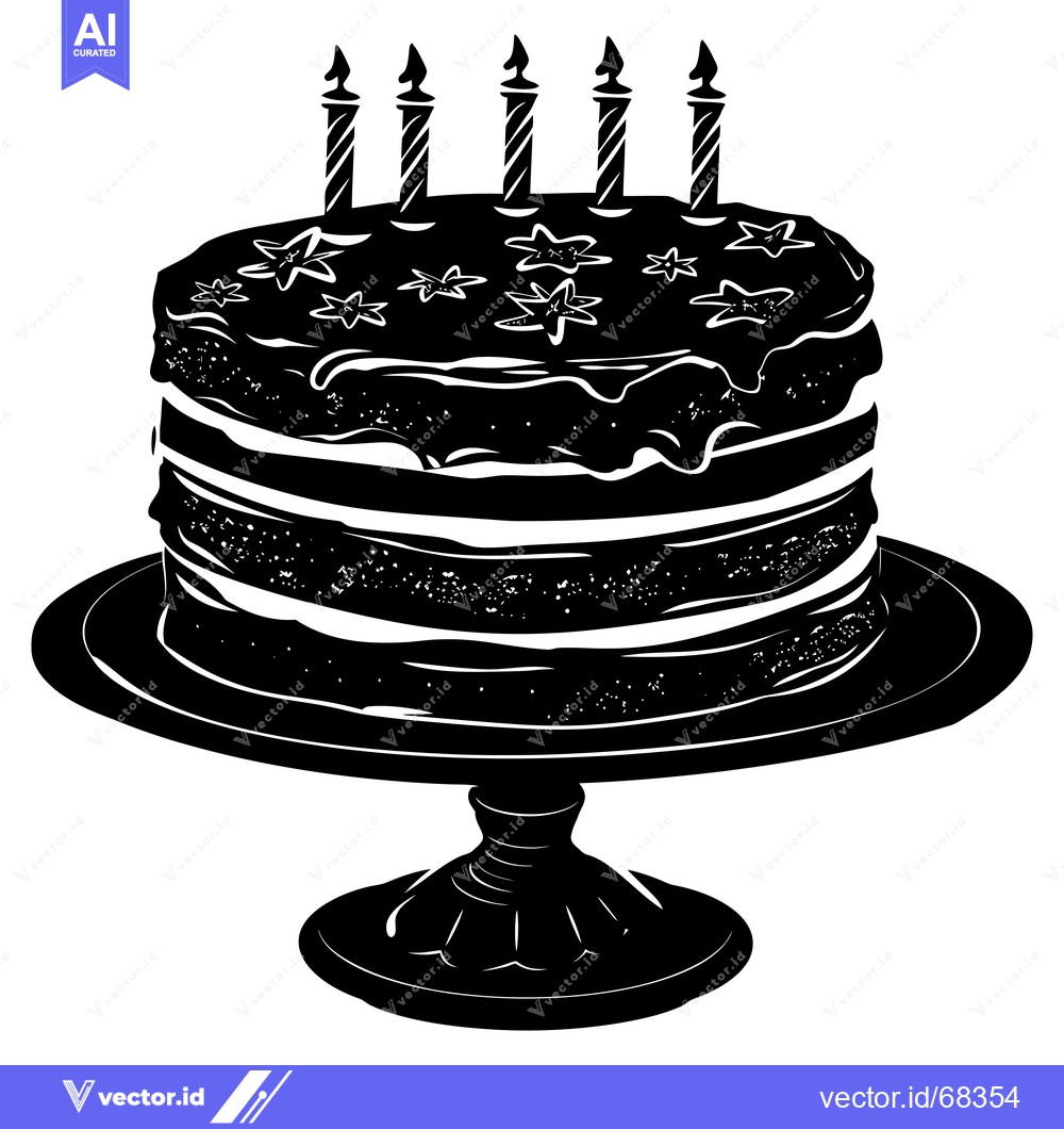 Premium Vector dari A Black and White Silhouette of a Birthday Cake with Candles and Stars