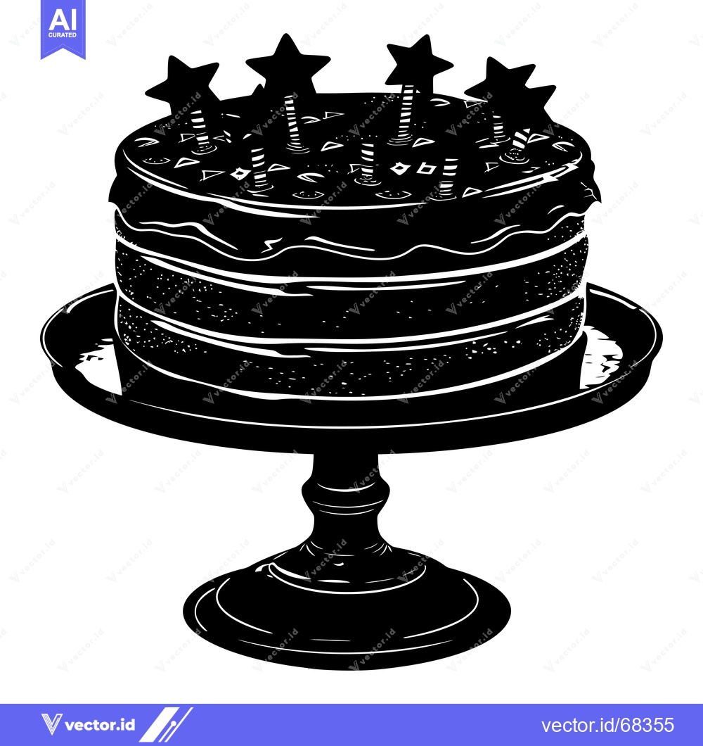 Premium Vector of Black and White Silhouette of a Cake with Star-Shaped Candles on a Sta