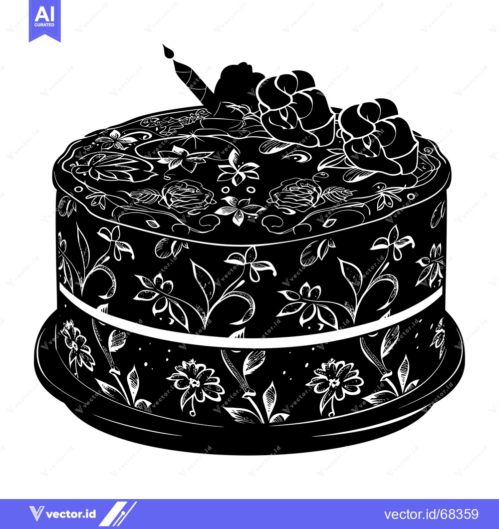 Premium Vector of Black and White Floral Decorated Birthday Cake with a Candle