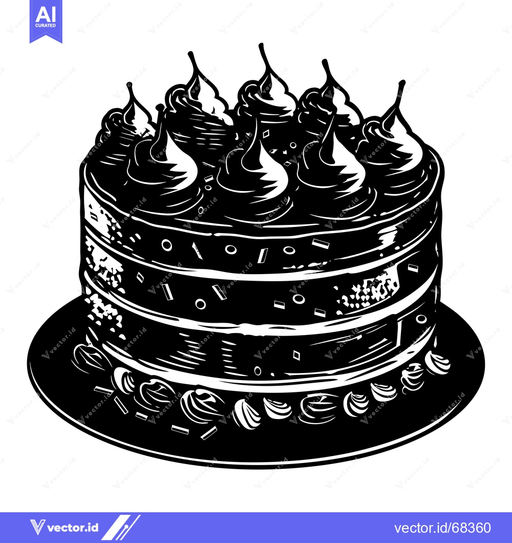 Premium Vector dari Black and White Illustration of a Layered Cake with Whipped Cream Topp
