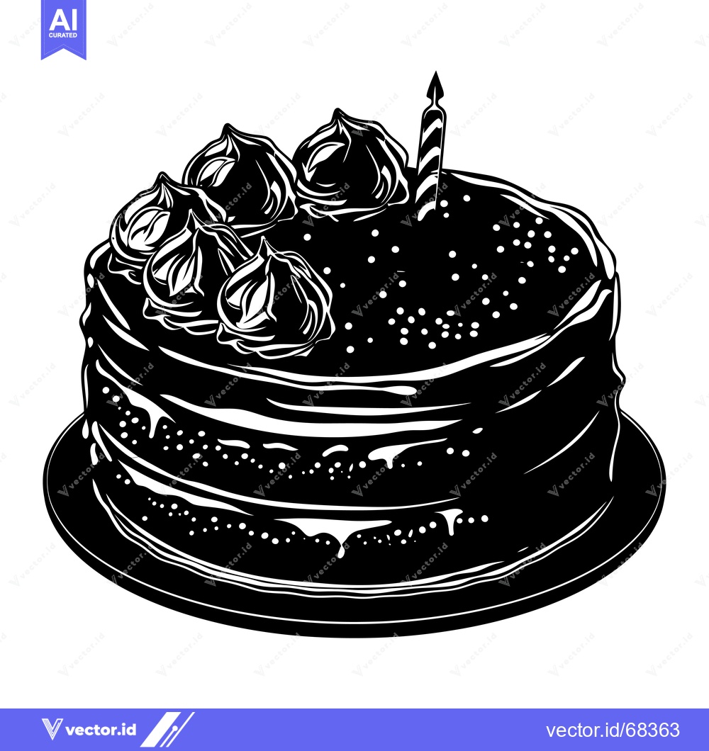 Premium Vector dari Black and White Illustration of a Birthday Cake with a Single Candle