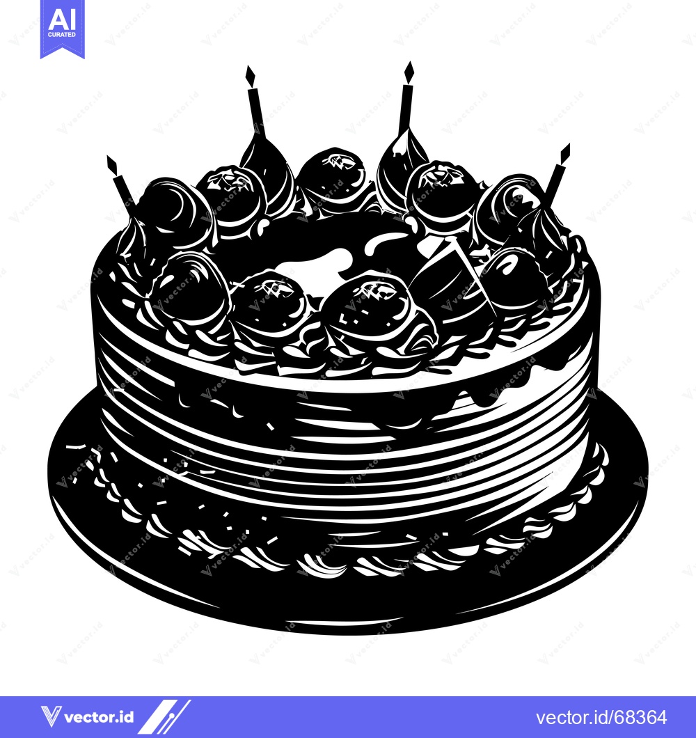 Premium Vector dari Black and White Silhouette of a Birthday Cake with Candles and Topping