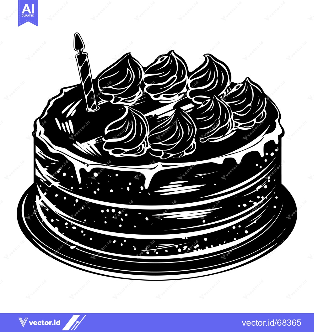Premium Vector dari Black and White Illustration of a Birthday Cake with a Candle