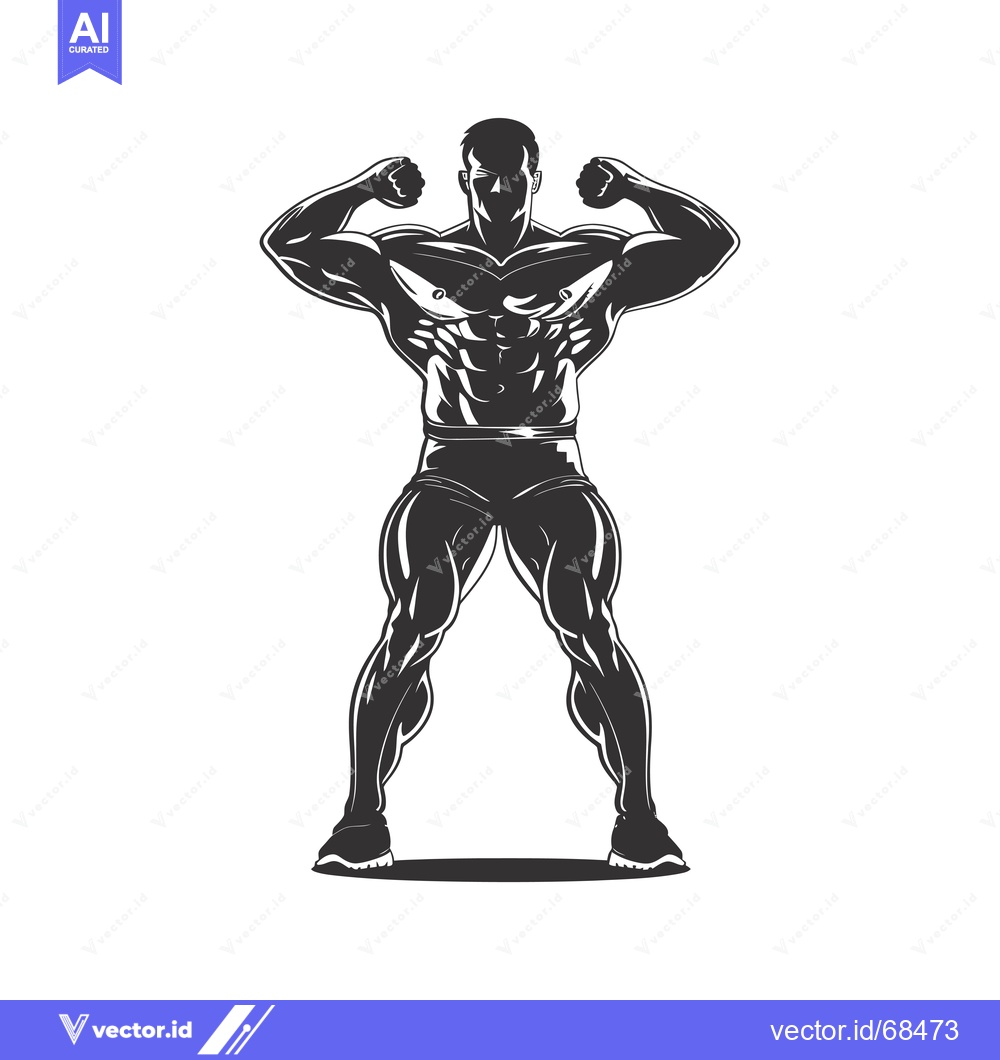 Premium Vector of Muscular Man Flexing Biceps, Standing with Legs Spread, Wearing Shorts