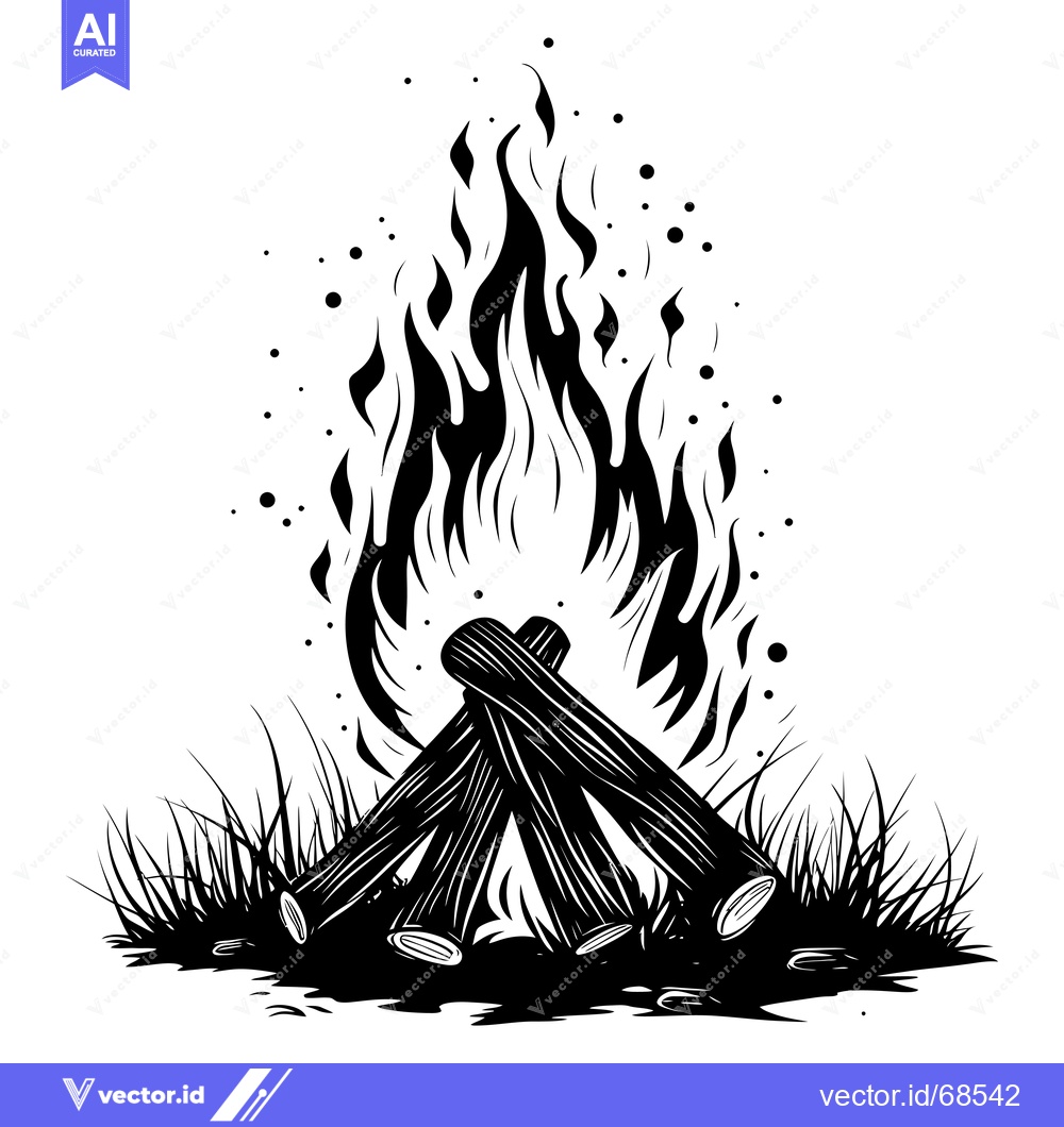 Premium Vector dari Black and White Illustration of a Campfire with Flames and Logs