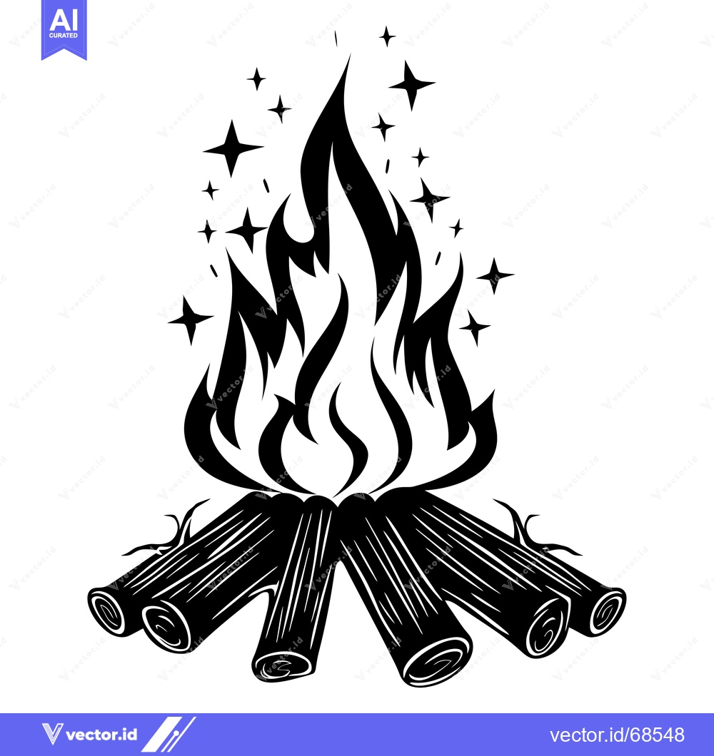 Premium Vector of Black and white illustration of a campfire with flames and stars