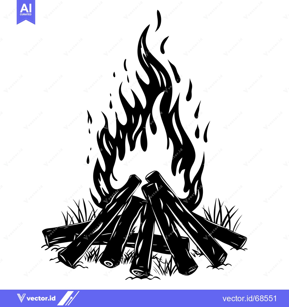 Premium Vector dari Black and White Illustration of a Campfire with Flames and Logs