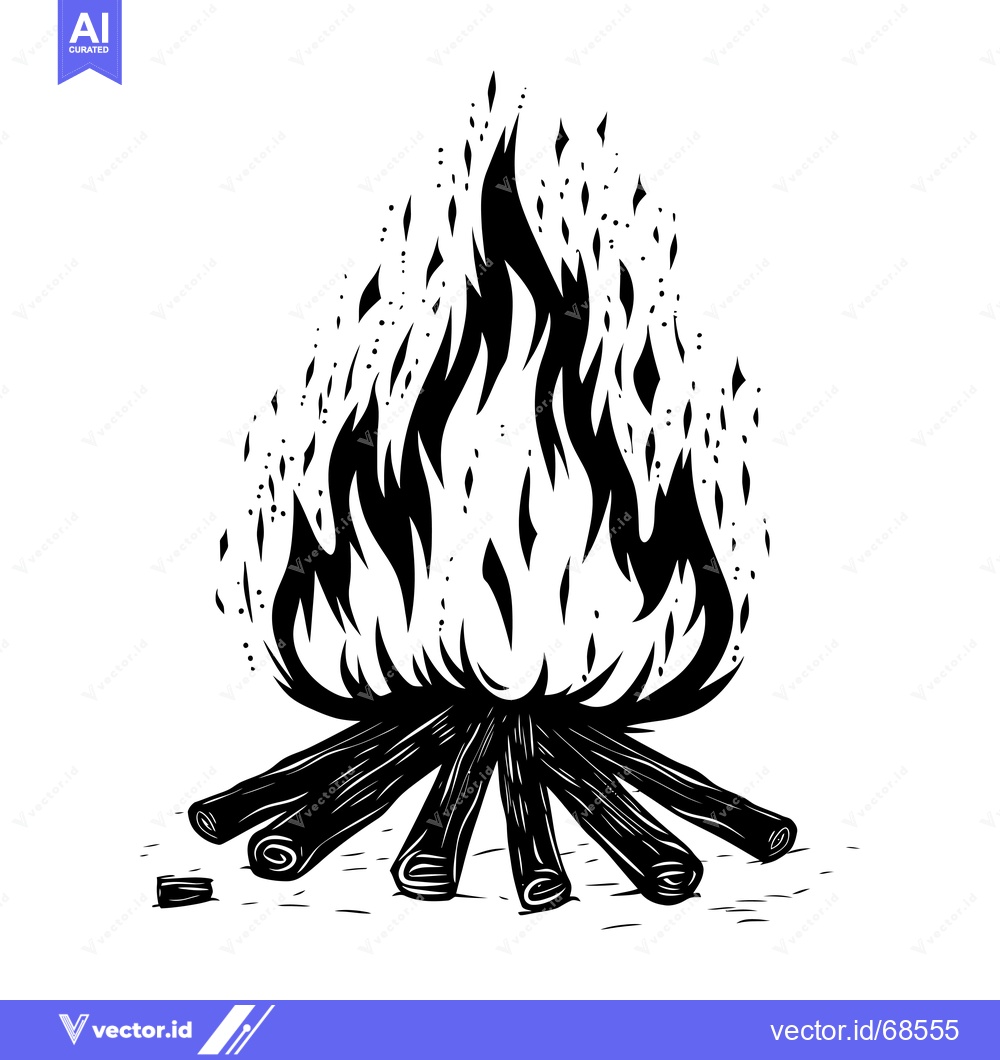 Premium Vector dari A Black and White Illustration of a Campfire with Flames and Logs