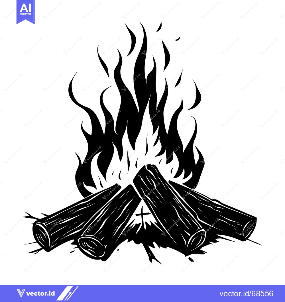 Premium Vector dari Black and White Illustration of a Campfire with Flames and Logs