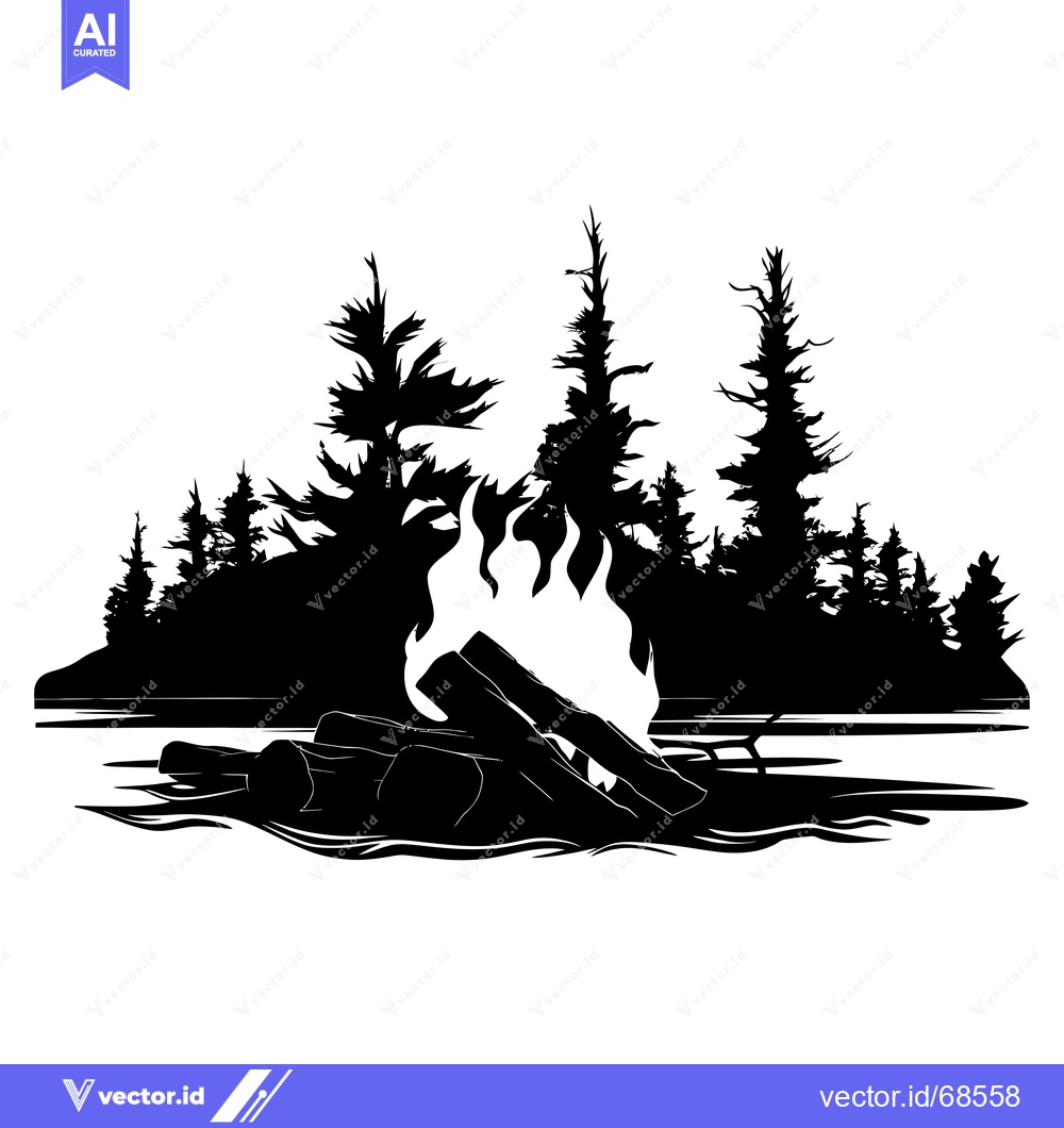 Premium Vector of Campfire Burning Brightly on a Lakefront with a Silhouette of Trees in