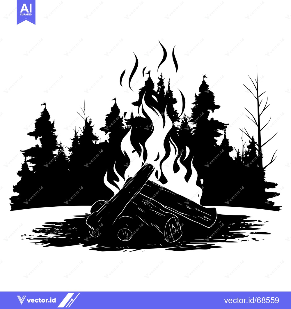 Premium Vector dari Black and White Silhouette of a Campfire with Trees in the Background