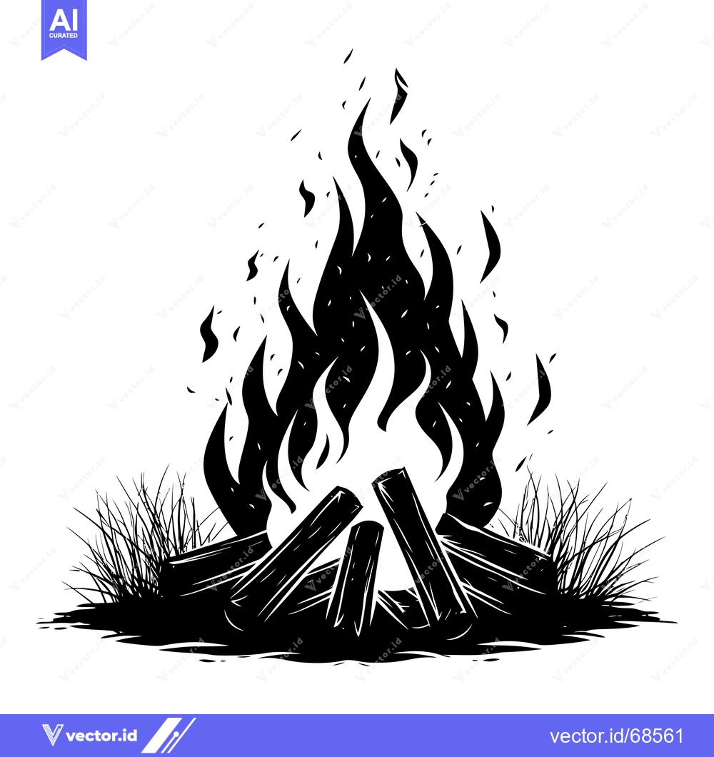 Premium Vector dari Black and White Silhouette of a Campfire with Flames and Logs