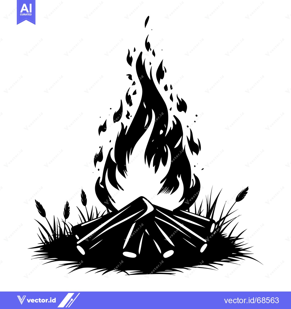 Premium Vector of Black and white silhouette of a campfire with flames rising from logs