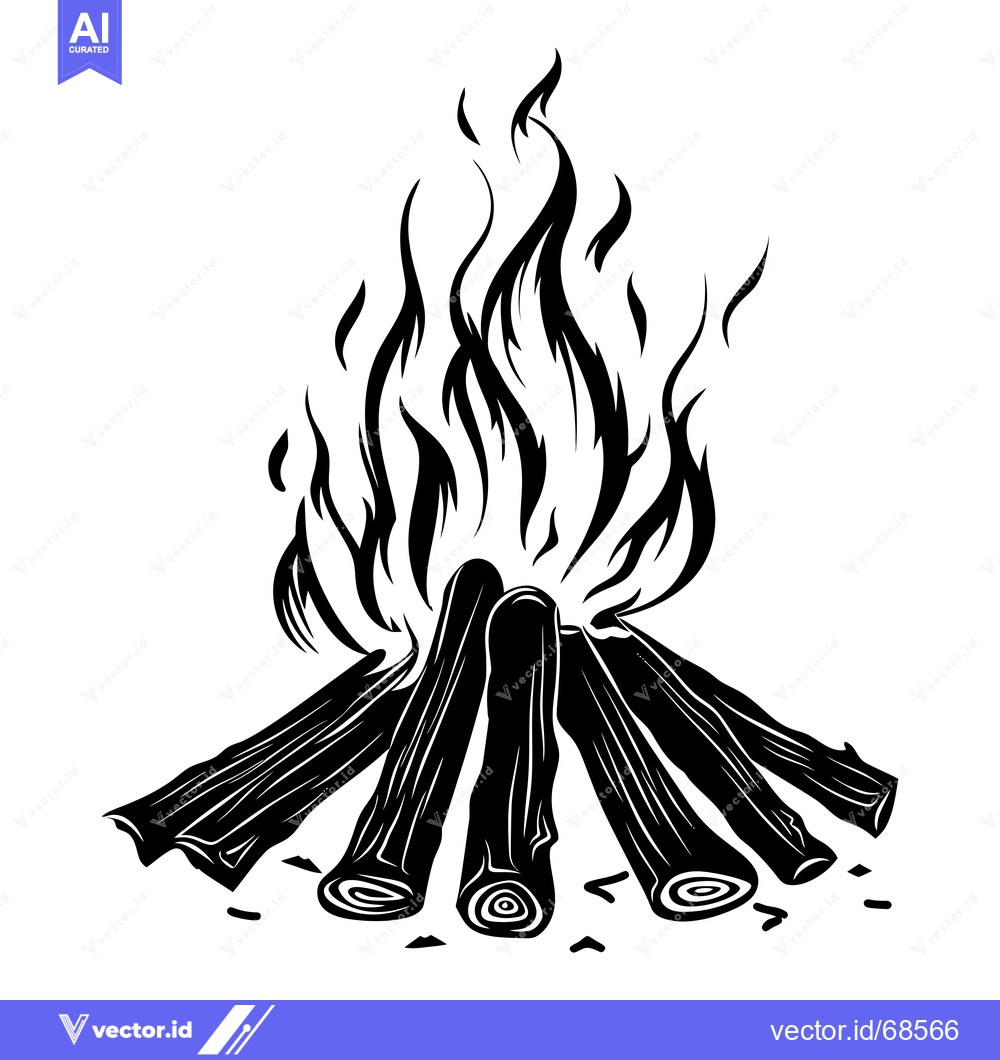 Premium Vector dari Black and White Illustration of a Campfire with Flames and Logs