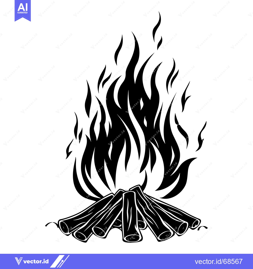 Premium Vector of Black and White Illustration of a Campfire with Flames