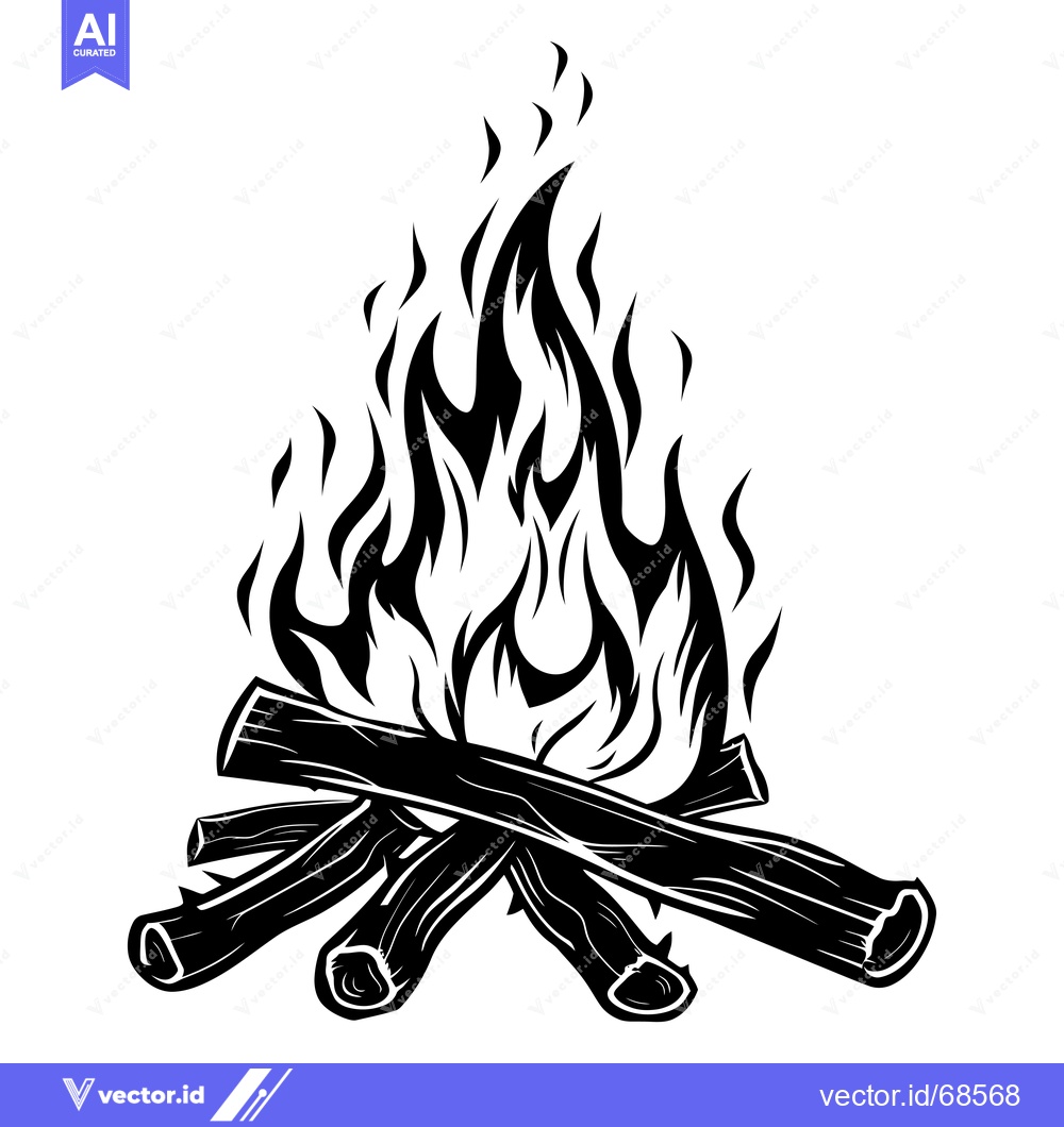 Premium Vector of Black and White Illustration of a Campfire with Flames and Logs