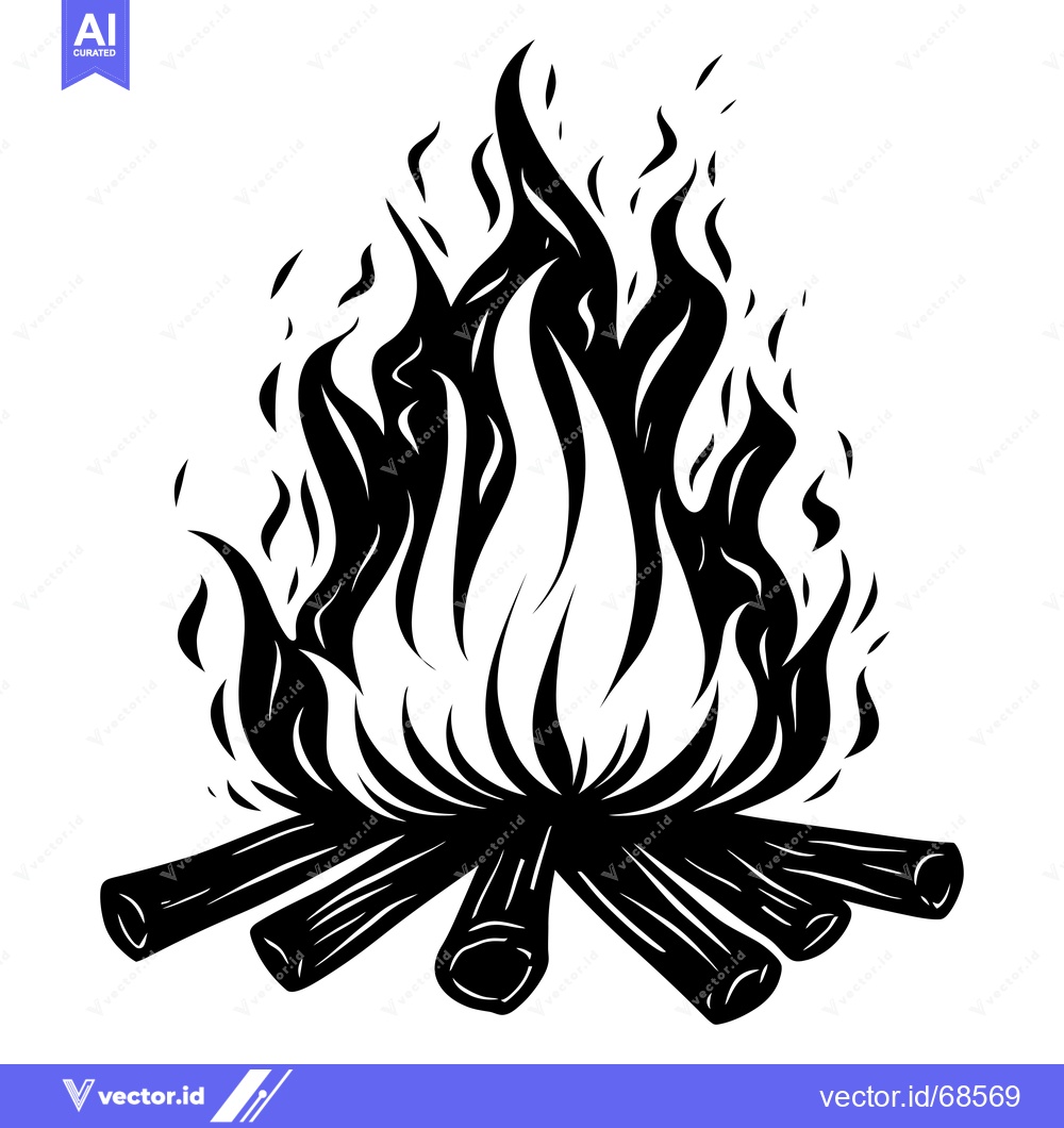 Premium Vector dari Black and White Illustration of a Campfire with Flames and Logs
