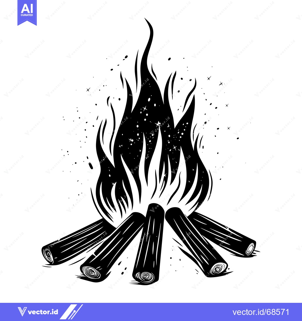 Premium Vector of Black and White Illustration of a Campfire with Flames and Logs