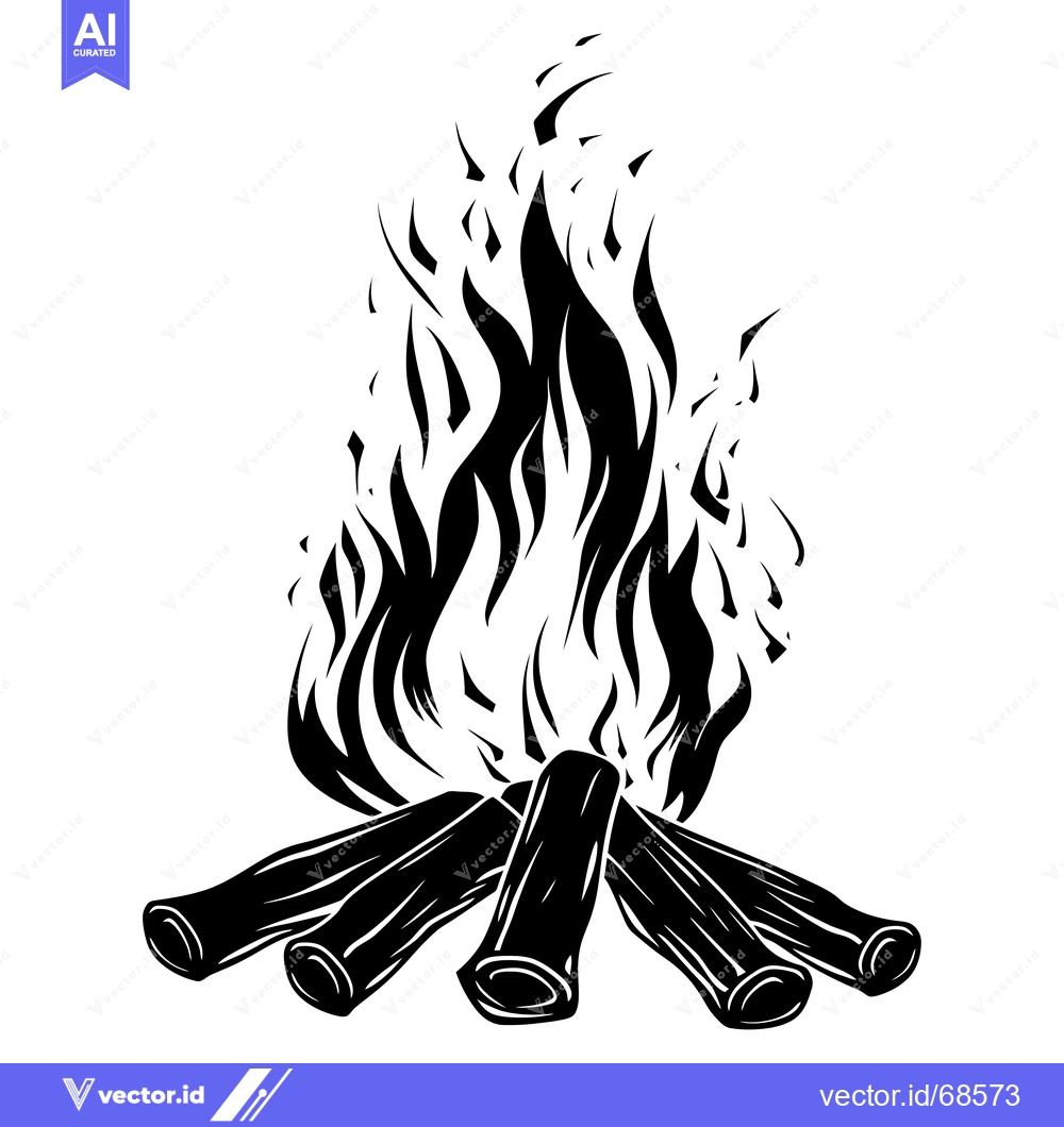 Premium Vector of Black and White Illustration of a Bonfire with Flames and Logs