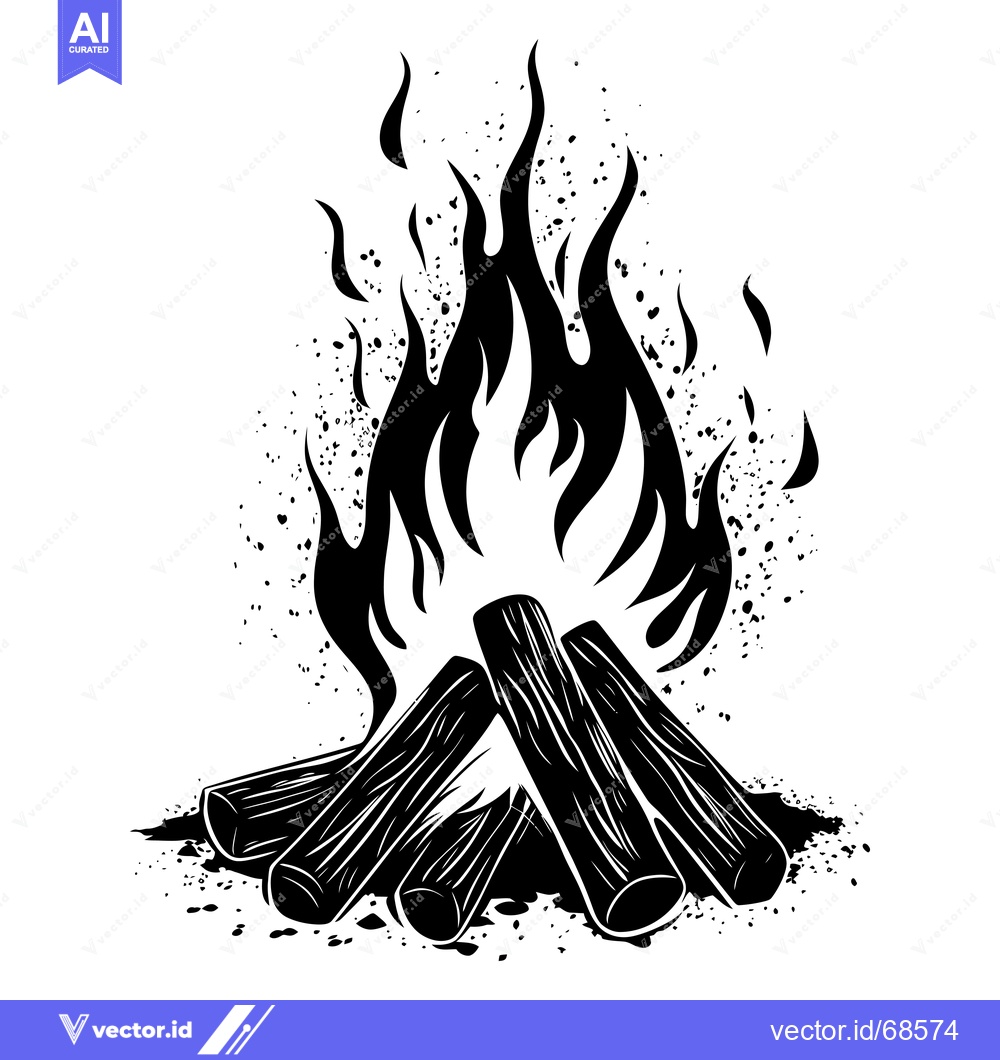 Premium Vector dari Black and White Illustration of a Campfire with Flames and Logs