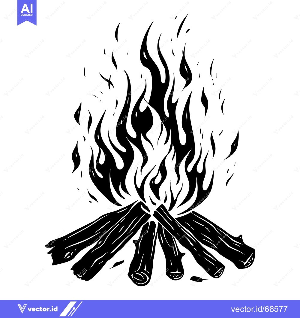 Premium Vector dari Black and white illustration of a campfire with flames rising from log