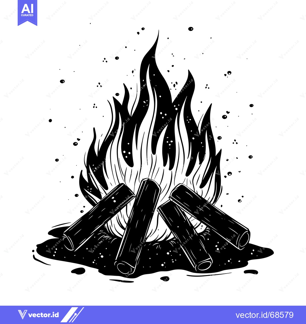 Premium Vector of A Black and White Illustration of a Campfire with Flames and Logs