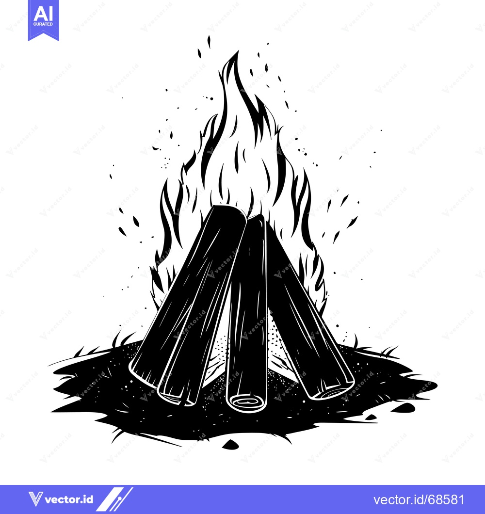 Premium Vector dari Black and White Illustration of a Campfire with Flames and Logs