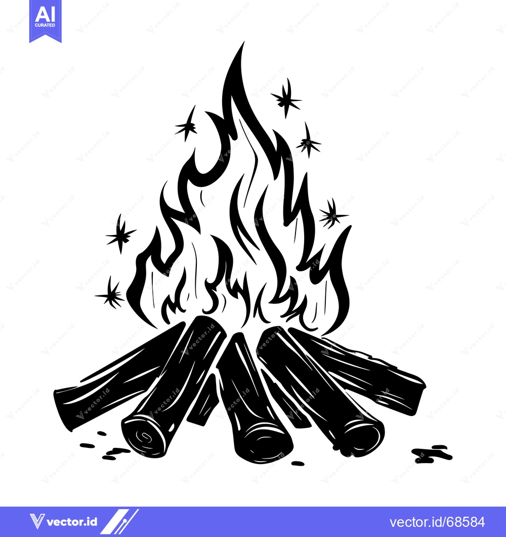 Premium Vector dari Black and White Illustration of a Campfire with Flames and Log